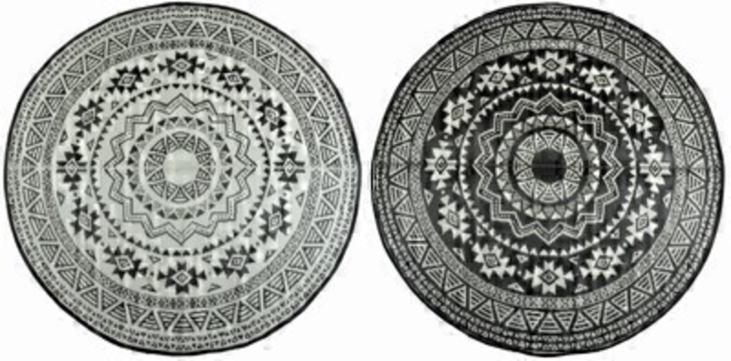 Large Round Garden Carpet/Rug in black and white Mosaic design by Fallen Fruits. This waterproof carpet is perfect for outdoor use in all weathers. Made using 100% Recycled Polypropylene - UV and frost resistant whilst being made from recycled materials an environmentally friendly addition to your outdoor space. Bring the comfort of your living room into your garden with this Samti rug being the perfect finishing flourish. Not only is this rug ideal for gardens but also can be taken to the beach/park/garden/camping/festivals or anywhere that you need to sit on the ground really. Dimensions 180cm x 8cm